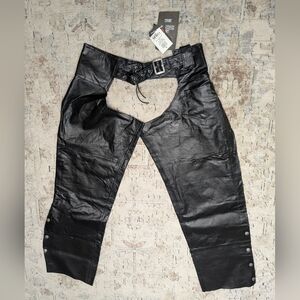 NWT Diamond Plate Men's Black Leather Chaps Silver Buckle Motorcycle Biker